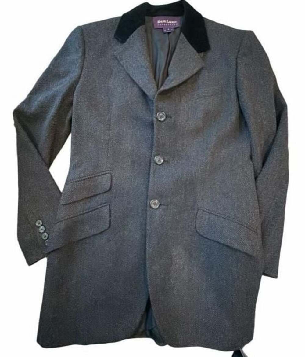 Ralph Lauren Collection Vintage Charcoal Herringbone Wool Blazer Velvet Collar s